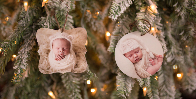 newborn photos on holiday ornaments